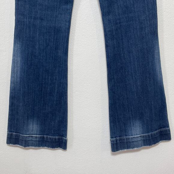 Vigoss Jeans Juniors 7 Flare Blue Stretch Denim Button Back Wide Cuff Distressed - Picture 6 of 10